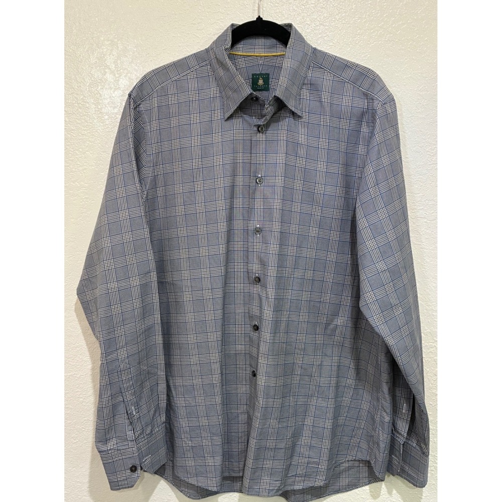 Robert Talbott Trim Fit Mens Dress Shirt Blue Brown Plaid Houndstooth Cotton XL